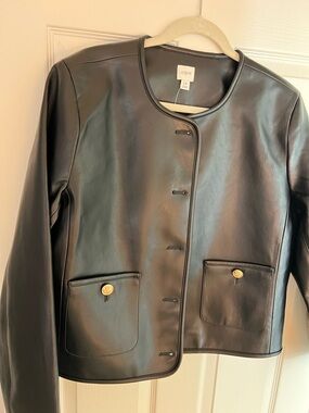 J. Crew Black Faux Leather Round-Neck Button Jacket
